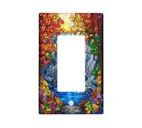 Fall Mountain Nature Decorative Switch Cover 1 Gang Single Rocker, Stained Glass Autumn Waterfall Wall Plate Cover, Standard Size, Scenic Electrical Faceplate for Bedroom Living Room Decor