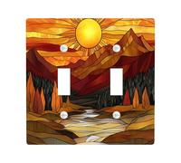 Fall Mountain Nature Decorative Switch Cover 2 Gang Double Toggle, Autumn Stained Glass Woodland Switchcover Wall Plate, Scenic Electrical Faceplate for Bedroom Living Room Decor