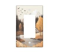 Fall Mountain Nature Decorative Switch Cover Plate 1 Gang Single Rocker, Autumn Woodland Cottage Electrical Faceplate for Bedroom Bathroom Decor, Forest River Standard Size Switchplate