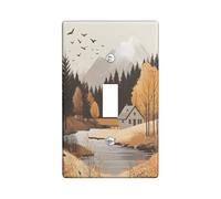 Fall Mountain Nature Decorative Switch Cover Plate 1 Gang Single Toggle, Autumn Woodland Cottage Electrical Faceplate for Bedroom Bathroom Decor, Forest River Standard Size Switchplate