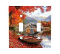 Fall Mountain Nature Decorative Switch Cover Plate 2 Gang Double Toggle, Autumn Bridge Boat Electrical Faceplate for Bedroom Bathroom Decor, Landscape Scenic Standard Size Switchplate