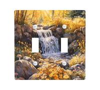 Fall Mountain Nature Decorative Switch Cover Plate 2 Gang Double Toggle, Autumn Waterfall Watercolor Electrical Faceplate for Bedroom Bathroom Decor, Landscape Standard Size Switchplate