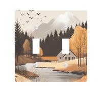 Fall Mountain Nature Decorative Switch Cover Plate 2 Gang Double Toggle, Autumn Woodland Cottage Electrical Faceplate for Bedroom Bathroom Decor, Forest River Standard Size Switchplate