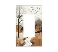 Fall Mountain Nature Switch Cover Wall Plate 1 Gang Single Rocker, Autumn Woodland Cottage Electrical Faceplate for Bedroom Bathroom Decor, Forest River Standard Size Switchplate