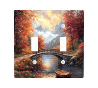 Fall Mountain Nature Switch Cover Wall Plate 2 Gang Double Toggle, Autumn Bridge Boat Electrical Faceplate for Bedroom Bathroom Decor, Landscape Scenic Standard Size Switchplate