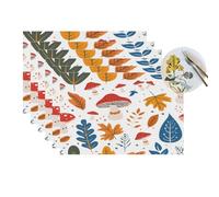 Fall Mushroom Maple Leaf Sketch Vinyl Placemats Set of 6 for Dining Tables,Kitchen Table Mats Heat Resistant Washable Wipeable PVC Place Mat