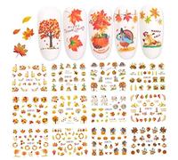 Fall Nail Art Supplies - Autumn Maple Leaves, Pumpkin, Turkey Stickers - Thanksgiving Themed Water Transfer Decorations - 12 Sheets/Set