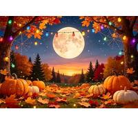Fall Night Harvest Backdrop 10x8ft Vinyl Autumn Moon Pumpkin Photography Background with Maple Leaves String Lights, Thanksgiving Halloween Party Photo Booth Banner for Family Dinner Party