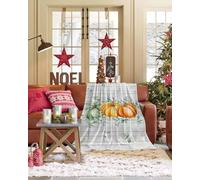 Fall Orange Green Pumpkins Throw Blanket Thanksgiving Eucalyptus Leaves Vintage Flannel Fleece Blanket, Lightweight Blanket for Women Adult Girl - Microfiber Nap Blanket for Couch, Bed, Sofa 50" x 40"