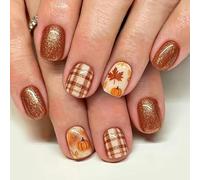 Fall Orange Press on Nails Pumpkin Maple Leaf False Nails