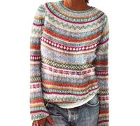 Fall Outfits for Women Women's Knitted Isle Print Retro Sweater Casual Loose Crewneck Long Sleeve Lightweight Cropped Pullover Tops UK (Blue, XL)