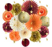 Fall Party Decorations Thanksgiving Decorations Orange Burgundy Gold Paper Pom Poms Paper Fans Paper Lanterns Gold Star Garland Banner for Fall Autumn Harvest Birthday Party Supplies