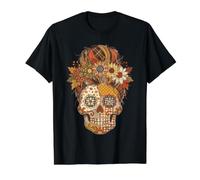 Fall Patchwork Skull Messy Bun Autumn Sunflowers Value Graphic T-Shirt, Men, Black, M