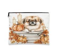 Fall Pekingese Dog Makeup Bag, Autumn Candle Book Pumpkin Printed Cosmetic Travel Pouch for Women Girls, Pet Portable Small Canvas Zipper Organizer 7x9 Inch