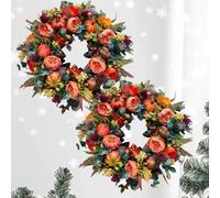 Fall Peony and Pumpkin Wreath, Front Door Autumn Wreath, Pumpkin Farmhouse Fall Wreaths for Front Door,Indoor Outdoor Decor, Thanksgiving and Halloween Decoration,Year Round Wreaths (15.7"-2pcs)