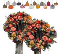 Fall Peony And Pumpkin Wreath - Year Round Wreath, 15.7" Handmade Autumn Floral Wreath with Farmhouse Rustic Style, Artificial Seasonal Decoration for Front Door Porch Indoor Outdoor(B,1pc)