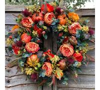 Fall Peony and Pumpkin Wreath - Year Round Wreath, Realistic Farmhouse Fall Wreaths for Front Door, Handmade Autumn Pumpkin Wreaths for Front Door, All-Season, for Thanksgiving, Halloween (15.7")