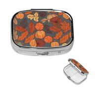 Fall Pill Box with Mirror 2 Compartment Decorative Pill Case for Purse or Pocket Small Square Pill Organizer Weekly Metal Medicine Tablet Vitamin Holder Travel Gift