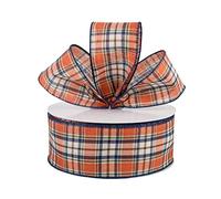 Fall Plaid Orange Navy Blue White Fabric Wired Ribbon, Gift Wrap, Make Crafts, Size 2.5' x 50 Feet