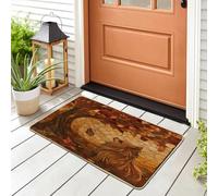Fall Pomeranian Dog Front Black Door Mat Outside Inside Entrance 29 * 17, Autumn Stained Glass Outdoor Indoor Non Slip Doormat, Small Pet Shoes Off Doormat for Patio Interior Garage