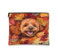 Fall Poodle Dog Makeup Bag, Fun Autumn Maple Leaf Cosmetic Travel Pouch for Women Girls, Pet Portable Small Canvas Zipper Organizer 7x9 Inch