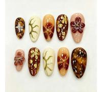 Fall Press Nails Decorative Manicure Nails Set with Almond Press | Glossy Finish, Floral Raised Detail, Mixed Sizes, Beauty Appeal, Going Out Use