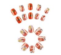 Fall Press On Nail Short Square Maple Leaf Claws Glitter French Tip Pumpkin Thanksgiving Artificial Nails
