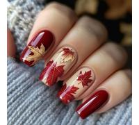 Fall Press on Nails Gradient Maple Leaf Designs Red Glossy Autumn False Nails Full Cover Medium Square Artificial Nails Glue on Nail for Women Nails Manicure Decoration 24 Pcs