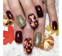 Fall Press on Nails Short Square Fake Nails Maple Leaf designs Red Brown False Nails Glossy Gold Glitter Acrylic Artificial Full Cover Autumn Glue on Nails for Women Manicure 24 Pcs