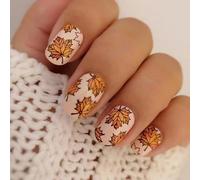 Fall Press on Nails Short Square Fake Nails Maple Leaf Stick on Nails Full Cover Thanksgiving Artificial False Nails with Designs Matte Autumn Leaf Stick on Nails for Women Girls Manicure Decoration