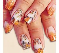 Fall Press on Nails Short Square Fake Nails With Maple Leaf Pumpkins Design Orange Glitter Full Cover Glue on Nails Glossy Autumn Leaves False Nails Thanksgiving Nails Artificial Nails for Women 24Pcs