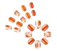 Fall Press On Nails Short Square Maple Leaves False Fall Glitters French Tip Stick On Pumpkin Designs Thanksgiving Nail Art