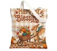 Fall Pterodactyl Canvas Tote Bag for Shopping 13 * 15, Holiday Harvest Pumpkins Reusable Grocery Bag for Women, Dinosaur Work Travel Painting Gift Decor