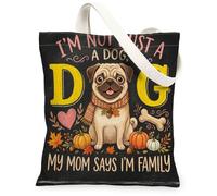 Fall Pug Dog Canvas Tote Bag for Shopping 13 * 15, Thanksgiving Cute Reusable Grocery Shoulder Bag for Women, Autumn Painting Gift Decor