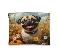 Fall Pug Dog Makeup Bag 7x9 Inch for Travel Pouch, Country Autumn Pumpkin Toiletry Cosmetic Pouch for Women, Oil Painting Fields Portable Canvas Zipper Organizer
