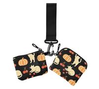 Fall Pumpkin and Naughty Cat Black Women's Coin Purses Card Cases Slim Portable Key Chain Wallet Change Purse with Zipper Coin Pocket for Work Travel 2 Pcs Porta tarjetas de crédito