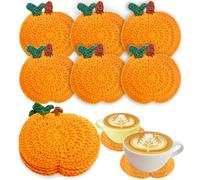 Fall Pumpkin Crochet Coaster 6 Pack, Fall Pumpkin Decor Handmade Knitted Drink Coaster Set, Autumn Decoration Drink Cup Pad Mats for Table Protection, Thanksgiving Home Kitchen Party Table Decor