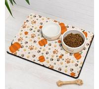 Fall Pumpkin Dog Food & Water Mat, Paw Prints Autumn Pet Feeding Mat for Floor Non-Slip Waterproof, Super Absorbent Cat Bowl Mat, Easy to Clean Eco-Friendly Durable Pet Placemat,17" × 30"