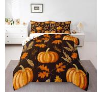 Fall Pumpkin Double Duvet Set,Autumn Leaves Pumpkin Bedding Set Fall Harvest Home Decor,Thanksgiving Themed Quilt Quilt Set for Kids Adults,Rustic Farmhouse Bed Duvet Set 3Pcs, Microfiber Soft
