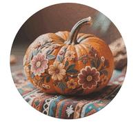 Fall Pumpkin Ethic Boho Floral Personalized Jigsaw Puzzles, 195Pcs Custom Wooden Jigsaw Puzzle Round Puzzle Gift Adult