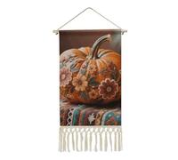 Fall Pumpkin Ethic Boho Floral Poster Hanger Frame, Long Vertical Wall Hanging Vintage Tapestry with Tassel, Room Decor, Hanging Cotton Linen Framed Wall Art Decor for Home, 10x19.6 Inch