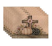 Fall Pumpkin Floral Placemats, Peach Country Rustic Table Mats for Thanksgiving, Non-Slip Washable Indoor Outdoor Decorative Placemat Set of 6