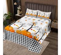 Fall Pumpkin Harvest Bedspread Queen Size,Kids Adults Bedroom/Country Cottage Decor,Black White Plaid Coverlet Set,Maple Autumn Leaves Quilted Coverlet,Rustic Bright Bedding Quilt,3pcs,2 Pillowcases