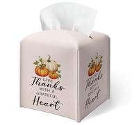 Fall Pumpkin Maple Leaf Tissue Box Cover, Give Thanks with A Grateful Heart Tissue Box Square, Aesthetic Decor Tabletop Home Office Farmhouse, Unique Thanksgiving & Housewarming Gift for Women-B10