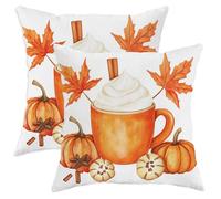 Fall Pumpkin Pillow Covers Set of 2, Rustic Orange Maple Leaves and Spiced Latte Throw Pillows, Autumn Decorative Cushion Covers for Home Sofa Couch Decor 16x16 Inch