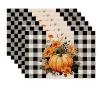 Fall Pumpkin Plaid Placemats Set of 6,Table Mats Non-Slip Heat Resistant Washable Placemat for Party Kitchen Dining Table Decoration Indoor Outdoor