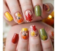 Fall Pumpkin Press on Nails Colorful Maple Leaf Short Square Fake Nails, Orange Green Yellow Glossy Autumn Full Cover Artificial Nails for Thanksgiving Party Manicure