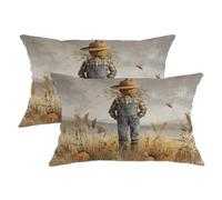Fall Pumpkin Scarecrow Pillow Covers Set of 2, Earthy Beige Harvest Decorative Cushion Covers for Autumn Home Sofa Couch Decor 20x12 Inch