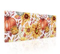 Fall Pumpkin Sunflowers Mouse Pad XL Watercolor Retro Autumn Leaves Floral Extended Desk Mat Non-Slip Rubber Base Stitched Edge Large XL Thanksgiving Mousepad for Desk Gaming Laptop,31.5×11.8 in