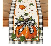 Fall Pumpkin Table Runner 13x47 Inch Linen Table Runners Black White Grid Bow Table Cloth with Colorful Polka Dot Design for Home Kitchen Holiday Party Decoration Supplies 1 Pcs